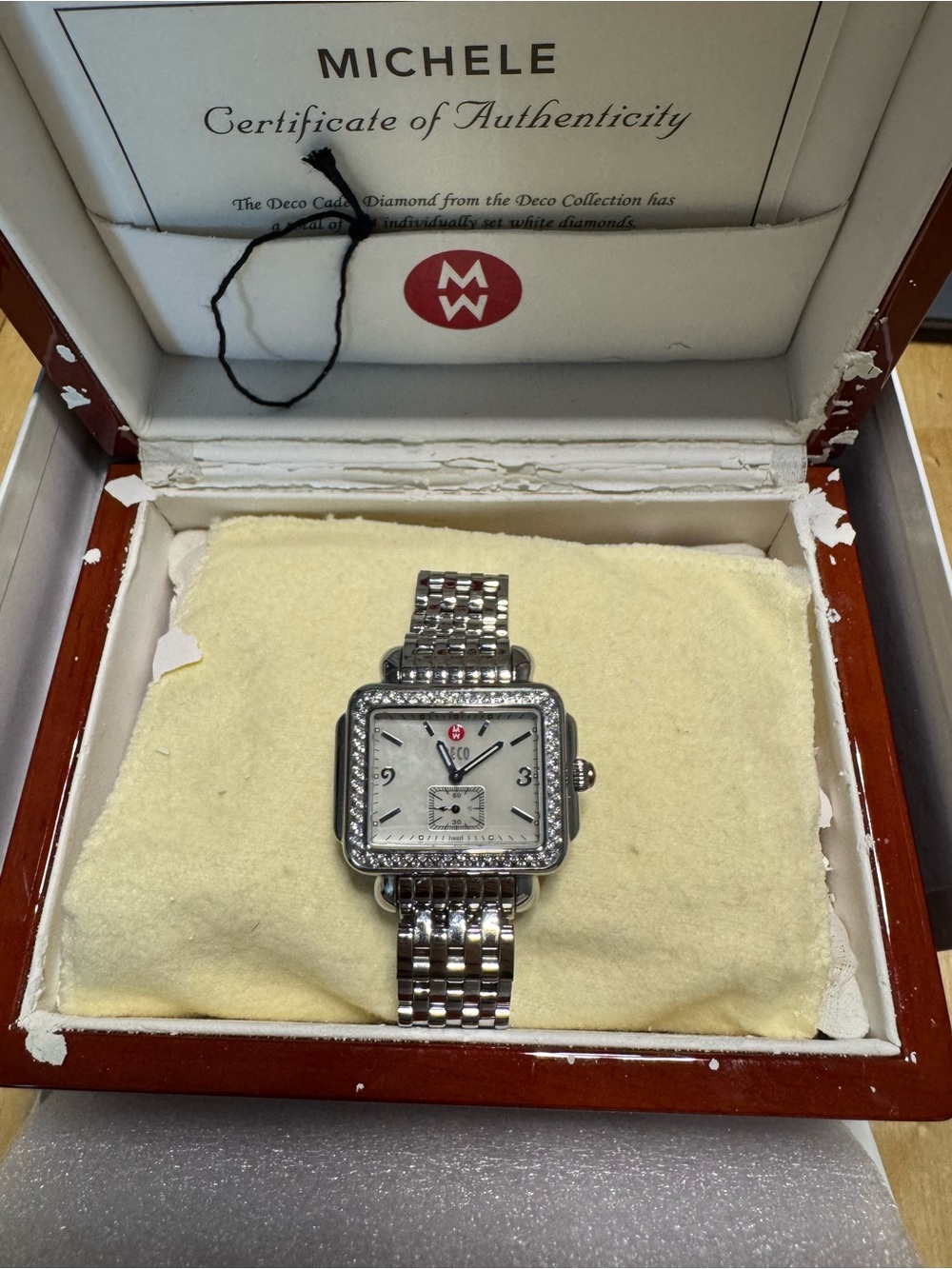 Michele Silver Stainless Steel Diamond-Accent Square Dial Watch - Picture 10 of 10